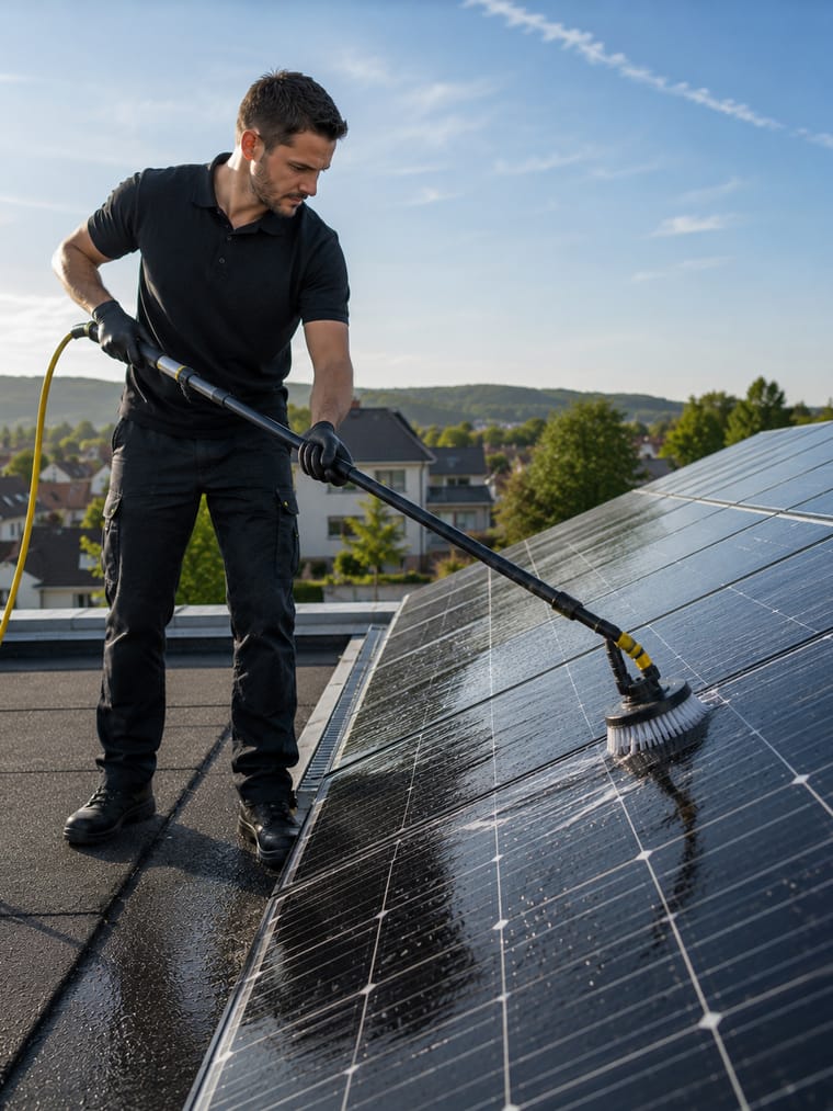 Pracovník Tatry Cleaning čistí solárne panely rotačnou kefou